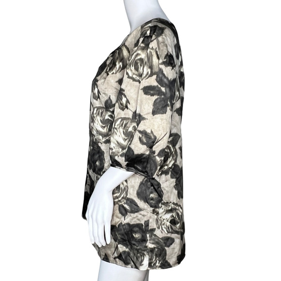 Talbots Shirt Womens 14 Black Gray Floral Flowers Puff Sleeve Roses Romantic - Picture 3 of 8